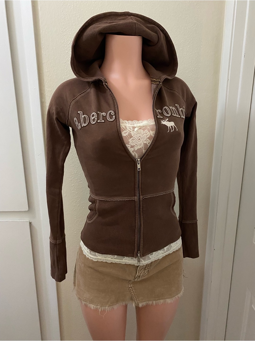 Y2k Vintage Abercrombie brown double zip up hooded sweater - Picture 3 of 16
